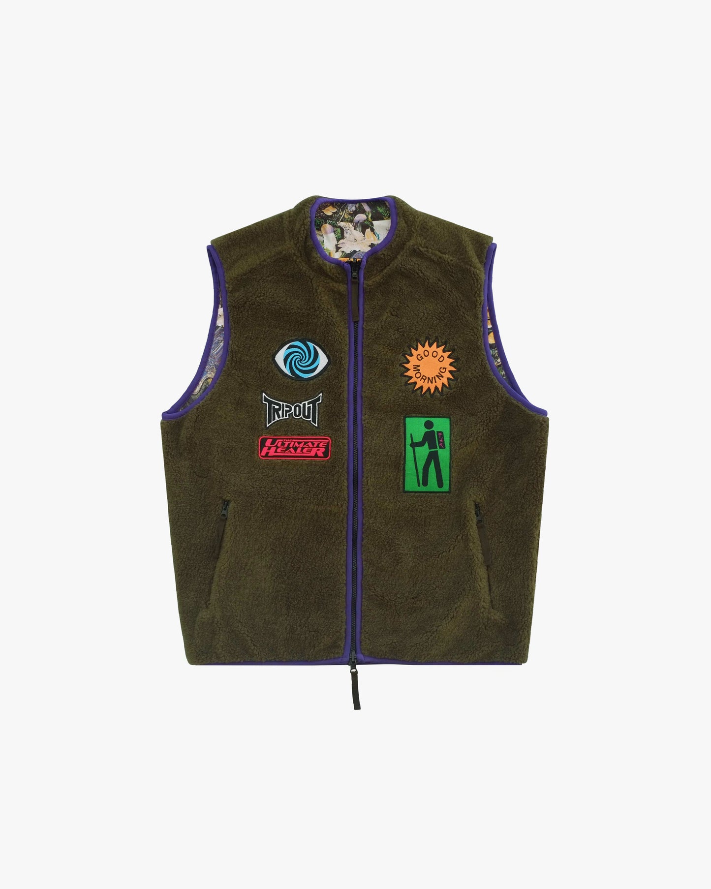 GOOD MORNING TAPES - Reversible Polar Fleece Vest Moss Shrooms